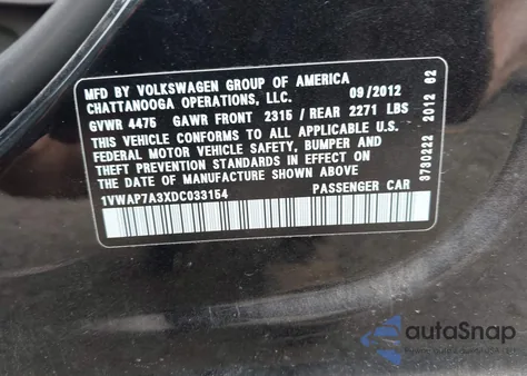 2013 Volkswagen Passat 2.5L S from USA, damaged, VIN 1VWAP7A3XDC033154